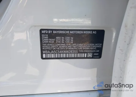 2019 BMW 530I z USA, uszkodzony, nr VIN WBAJA5C54KWW28355